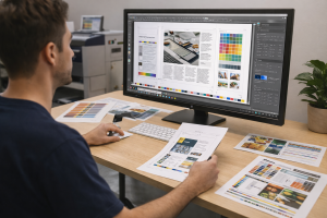 A professional pre press technician reviewing print-ready files on a large monitor