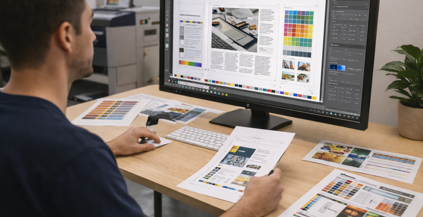A professional pre press technician reviewing print-ready files on a large monitor